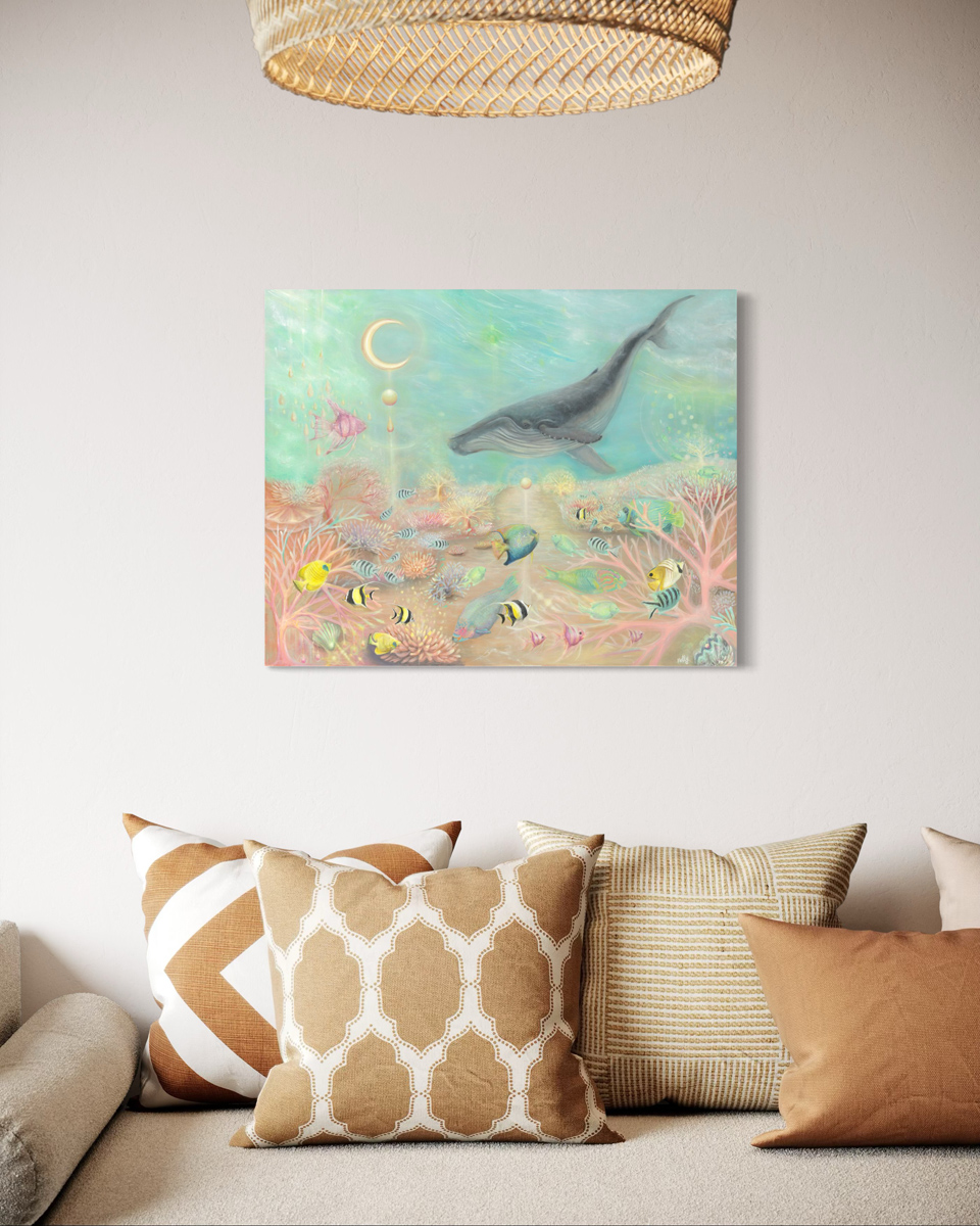 Art of whale over Ningaloo Reef hung on wall
