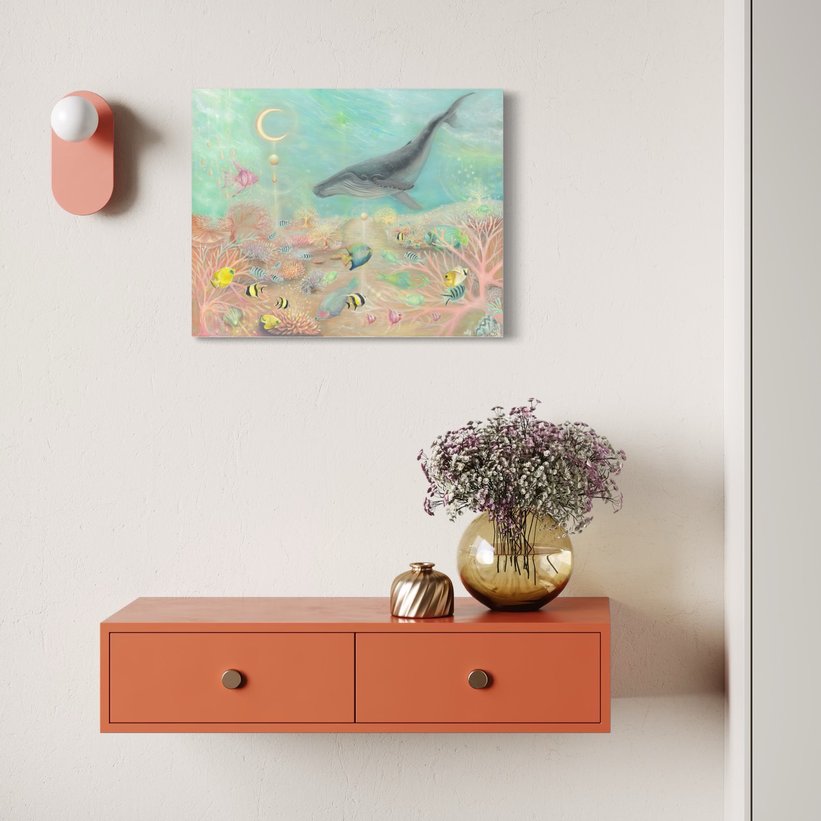 Art of whale over Ningaloo Reef hung on wall