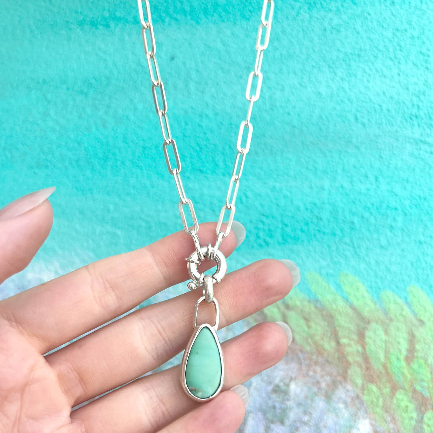 Aqua Droplet Pendant with Paperclip Chain